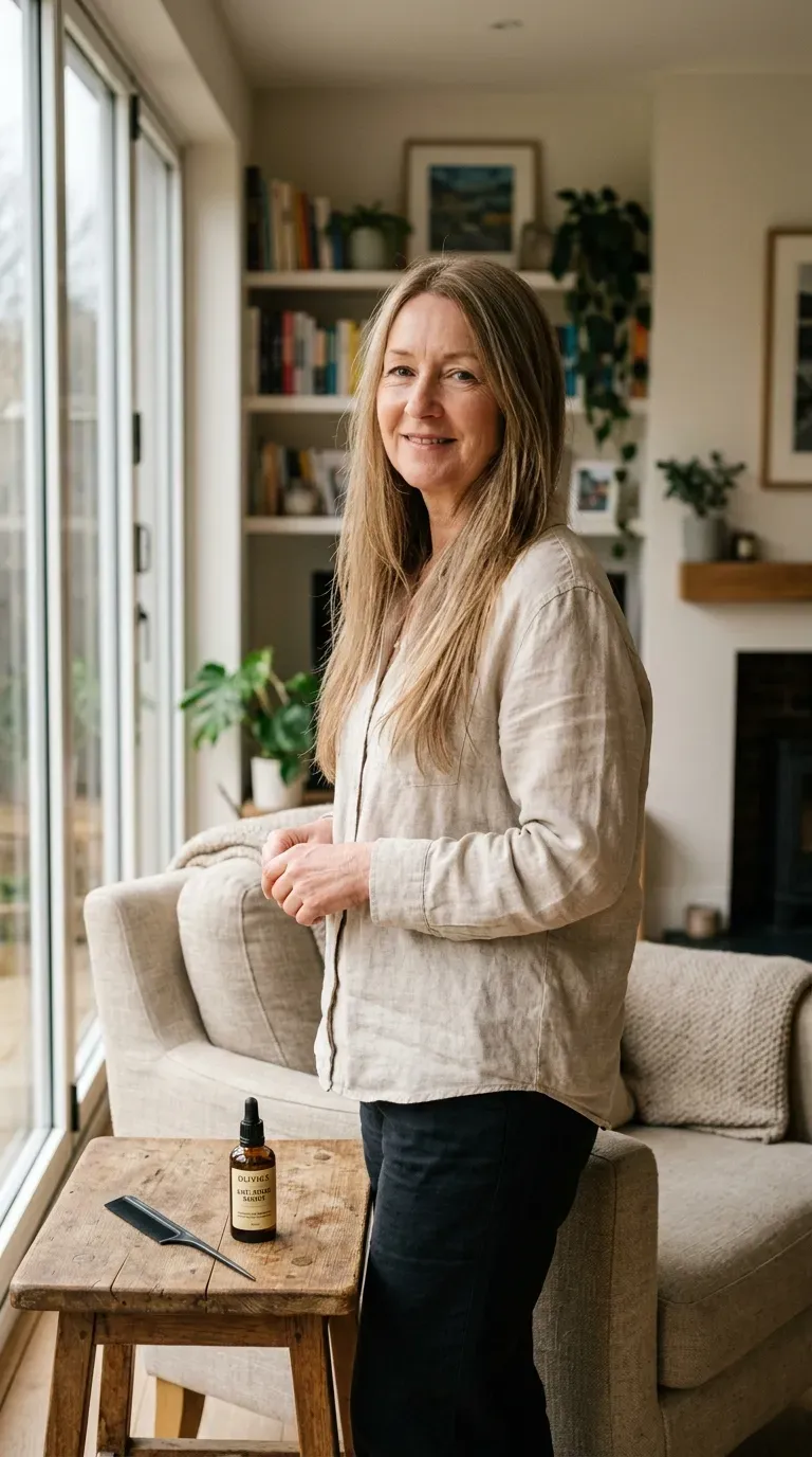 Woman over 60 with an oval face shape wearing long layers with minimal graduation