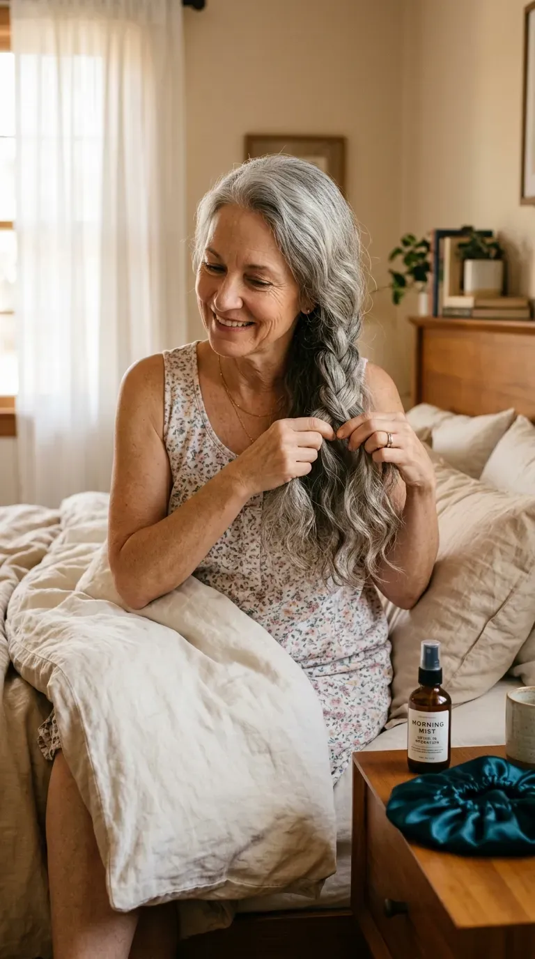 Woman over 60 unravelling a loose overnight braid to reveal soft waves in her long layered hair