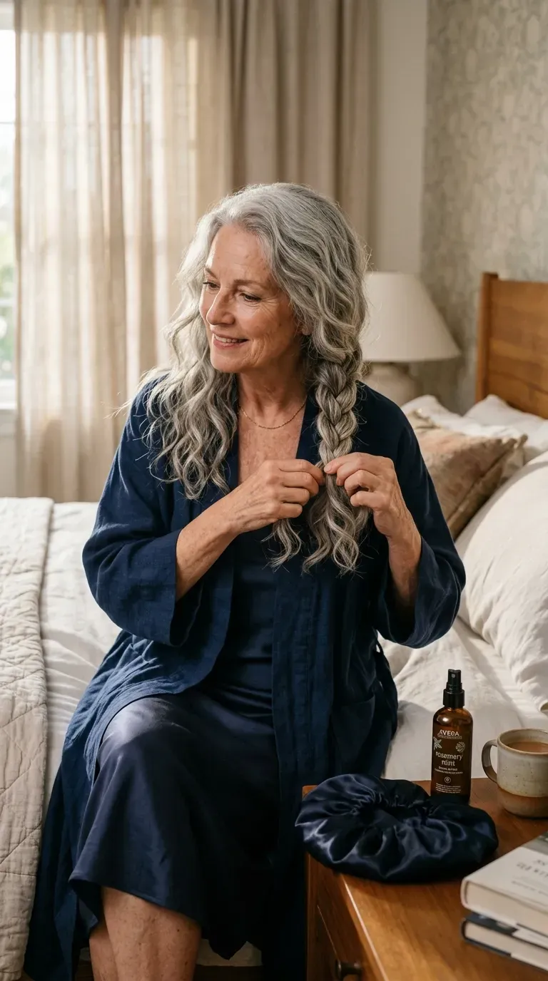 Elegant woman over 70 unravelling a loose overnight braid to reveal soft waves in her long layered hair