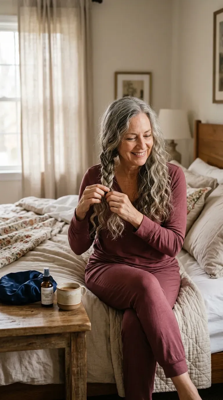 Woman over 60 unravelling a loose overnight braid to reveal soft waves in her long layered hair