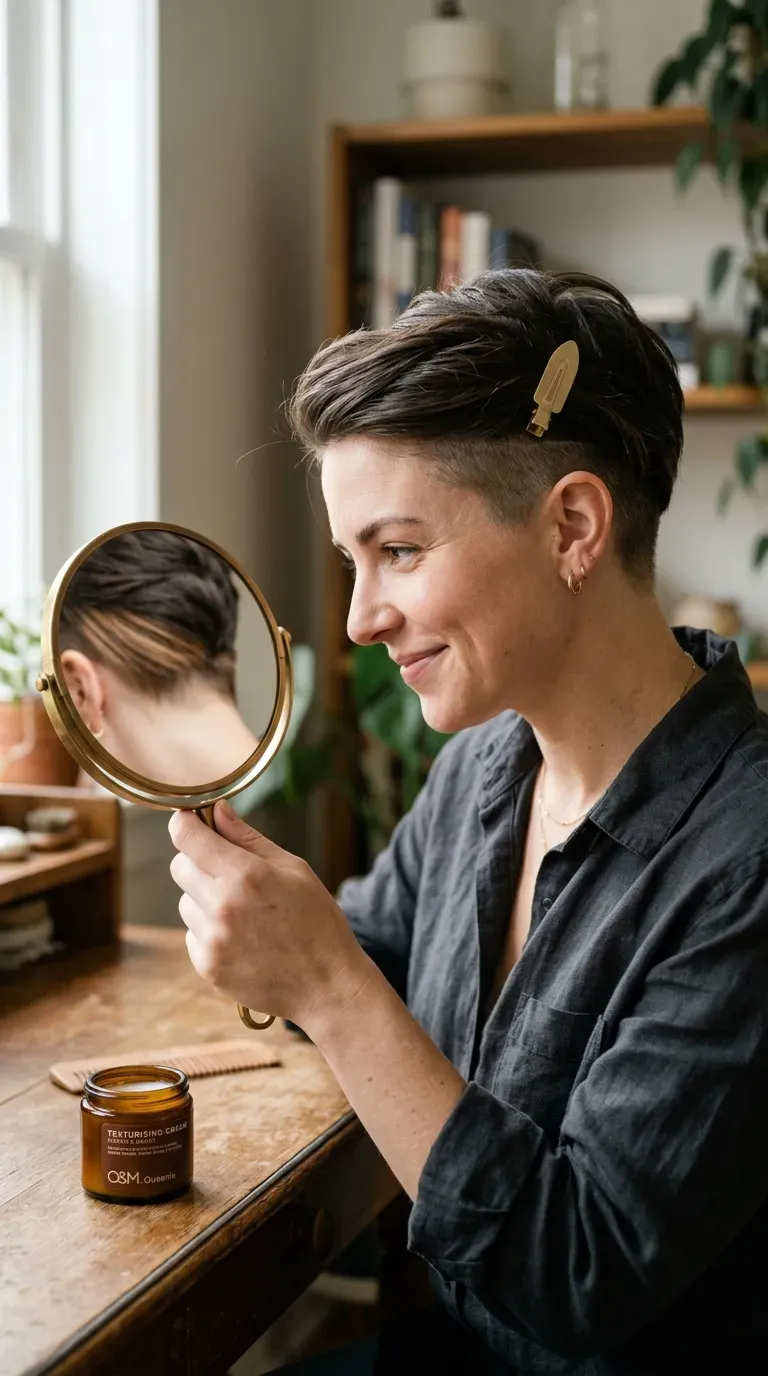 Undercut pixie with hidden peekaboo balayage visible when hair is tucked