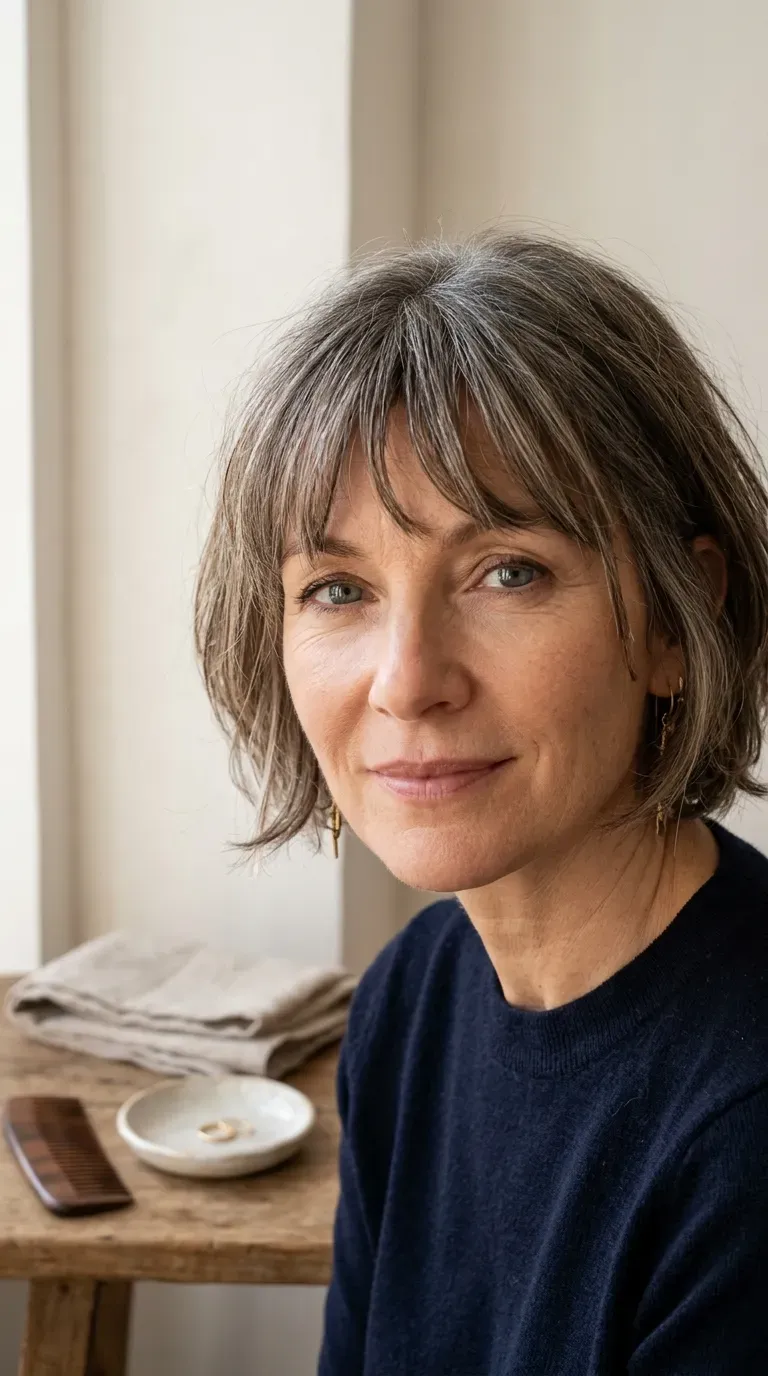 Close-up of a layered bob with a piecey, textured fringe falling across the brow