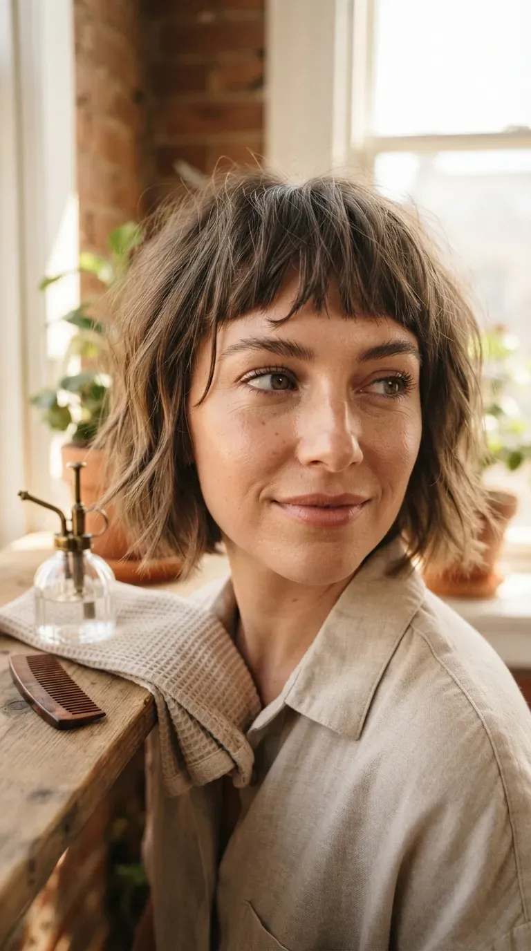 Close-up of a choppy bob with a piecey, textured fringe falling across the brow