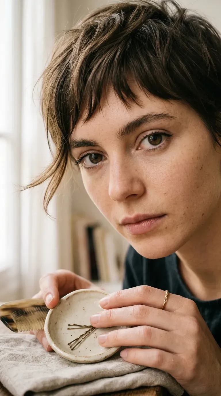 Close-up of a pixie shag with a piecey, textured fringe falling across the brow