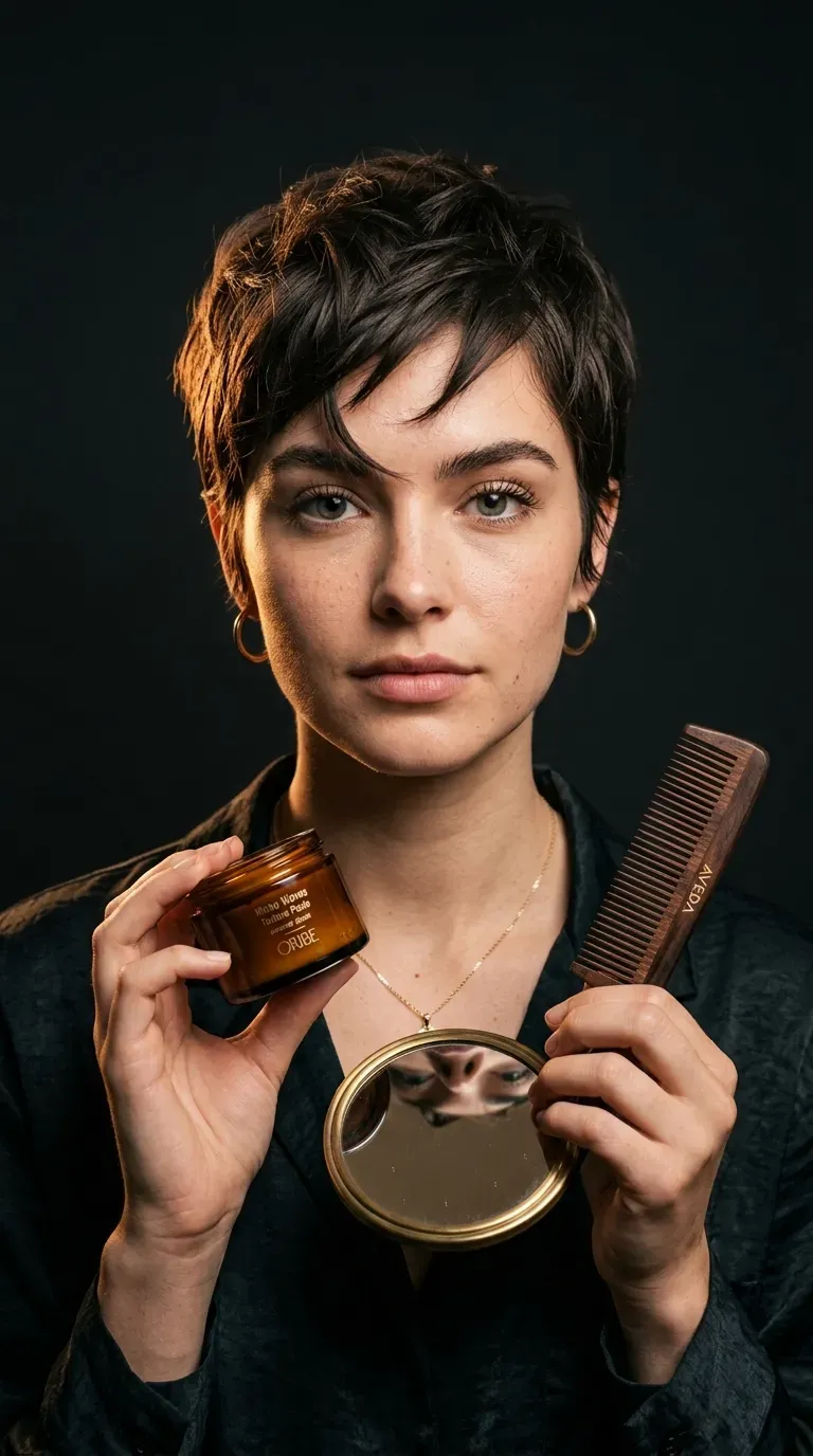 Woman with a piecey layered pixie showing separated defined texture