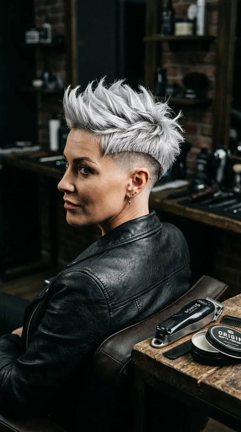 Piecey spiky haircut with shaved undercut sides on an older woman