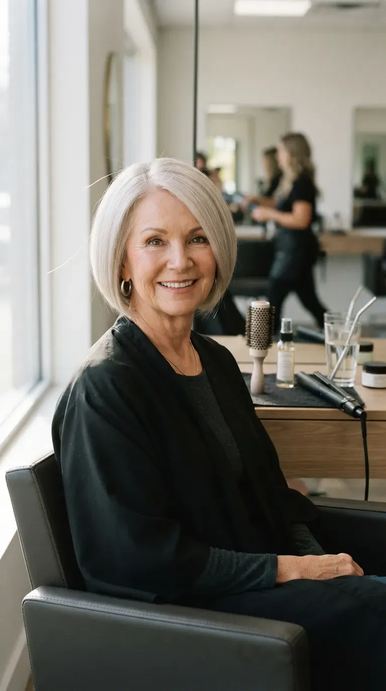 Blunt pixie bob haircut on an older woman with a clean one-length finish