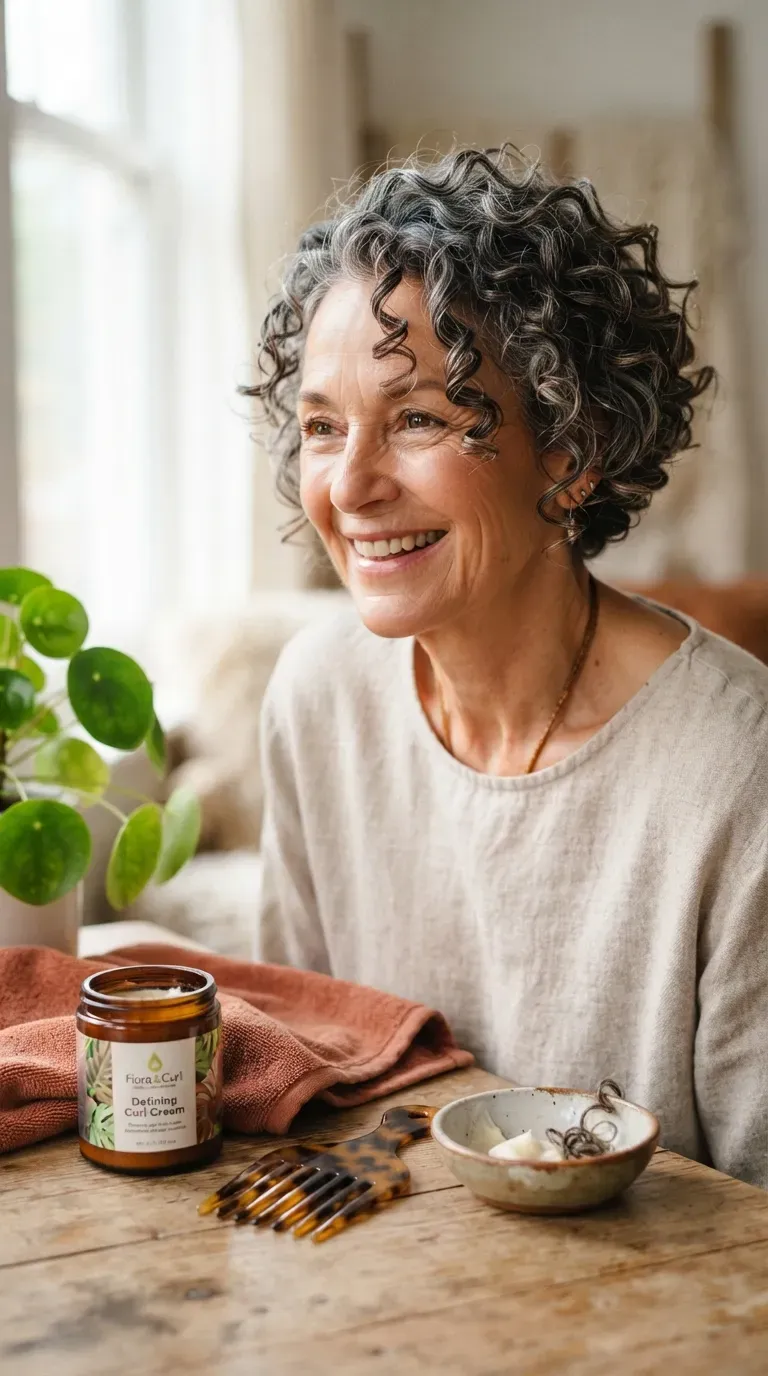 Curly pixie bob haircut on an older woman with defined natural curls