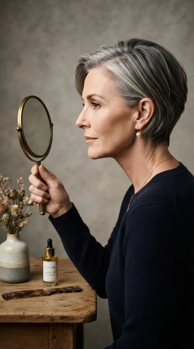 Pixie bob haircut styled with a deep side part on an older woman