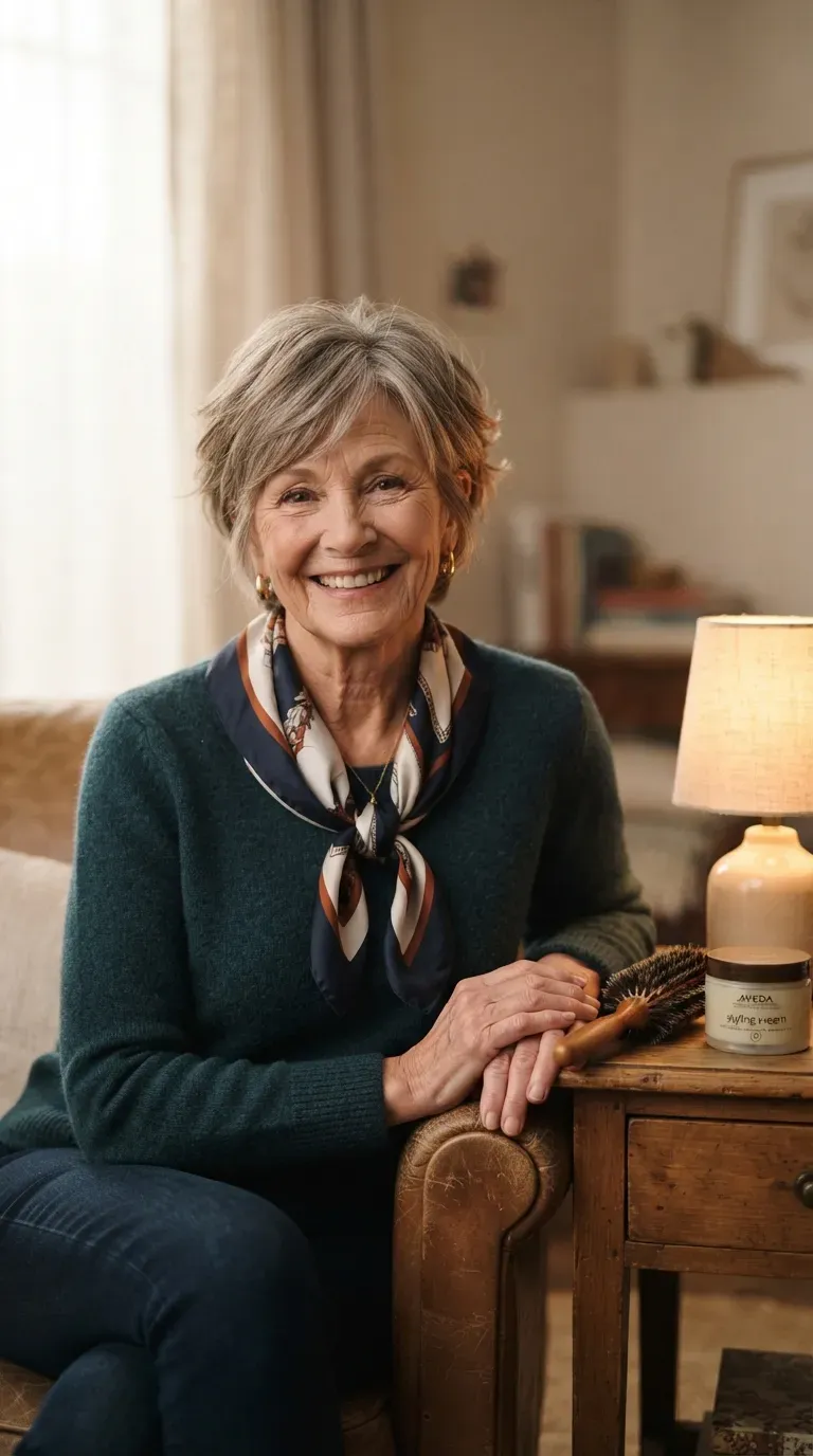 Feathered pixie bob haircut on an older woman with soft flicked layers