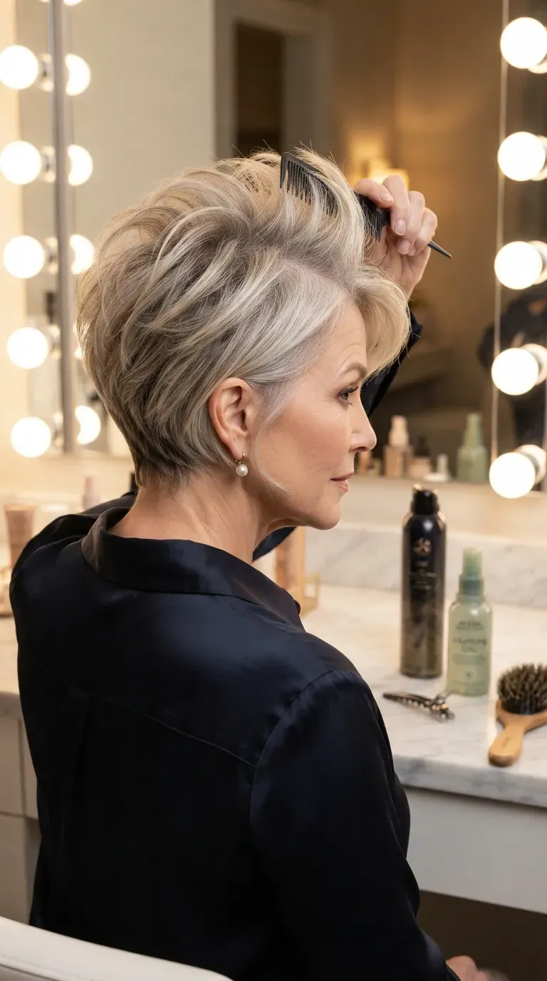 Pixie bob haircut with visible root lift on an older woman