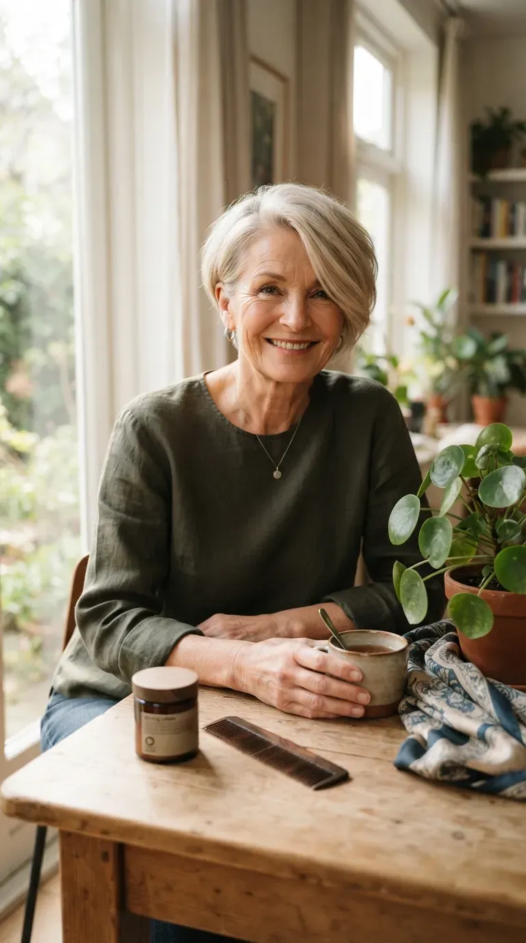 Side-swept pixie bob haircut on an older woman with soft asymmetry