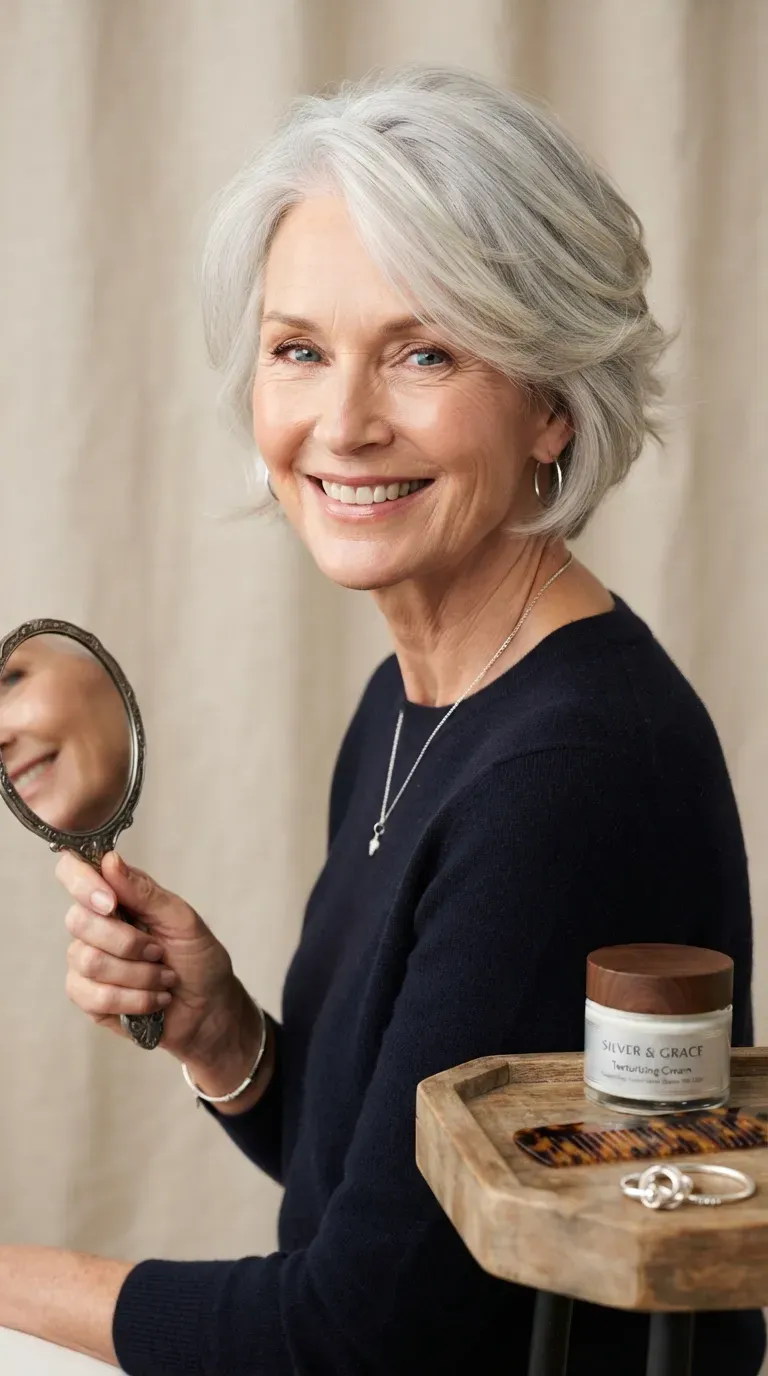 Silver-haired pixie bob haircut on an older woman with soft texture