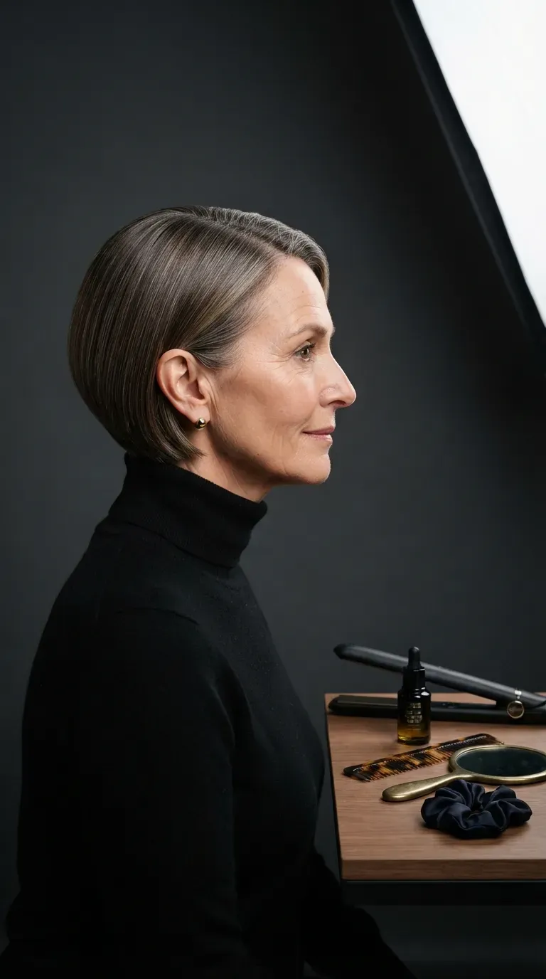 Sleek, straight pixie bob haircut on an older woman with a glossy finish