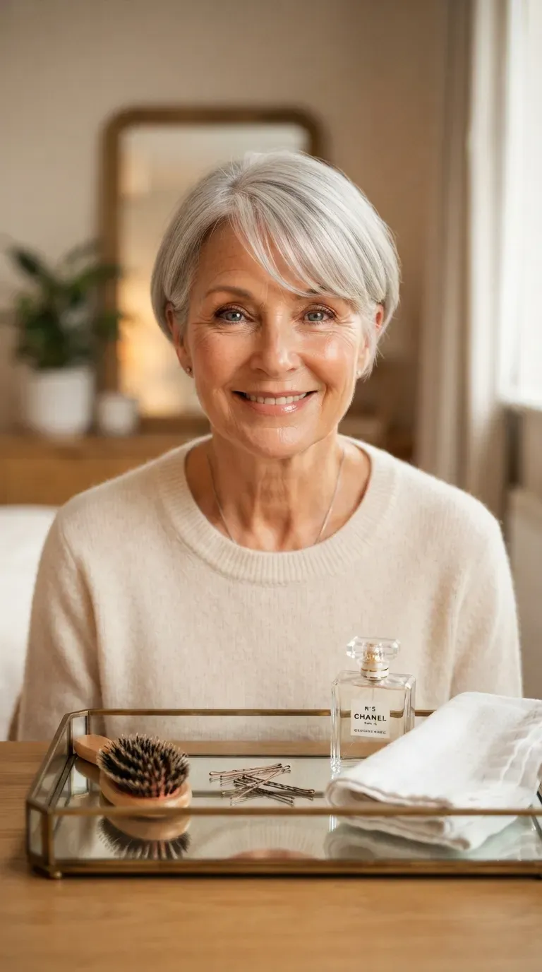 Pixie bob haircut with soft side-swept bangs on an older woman