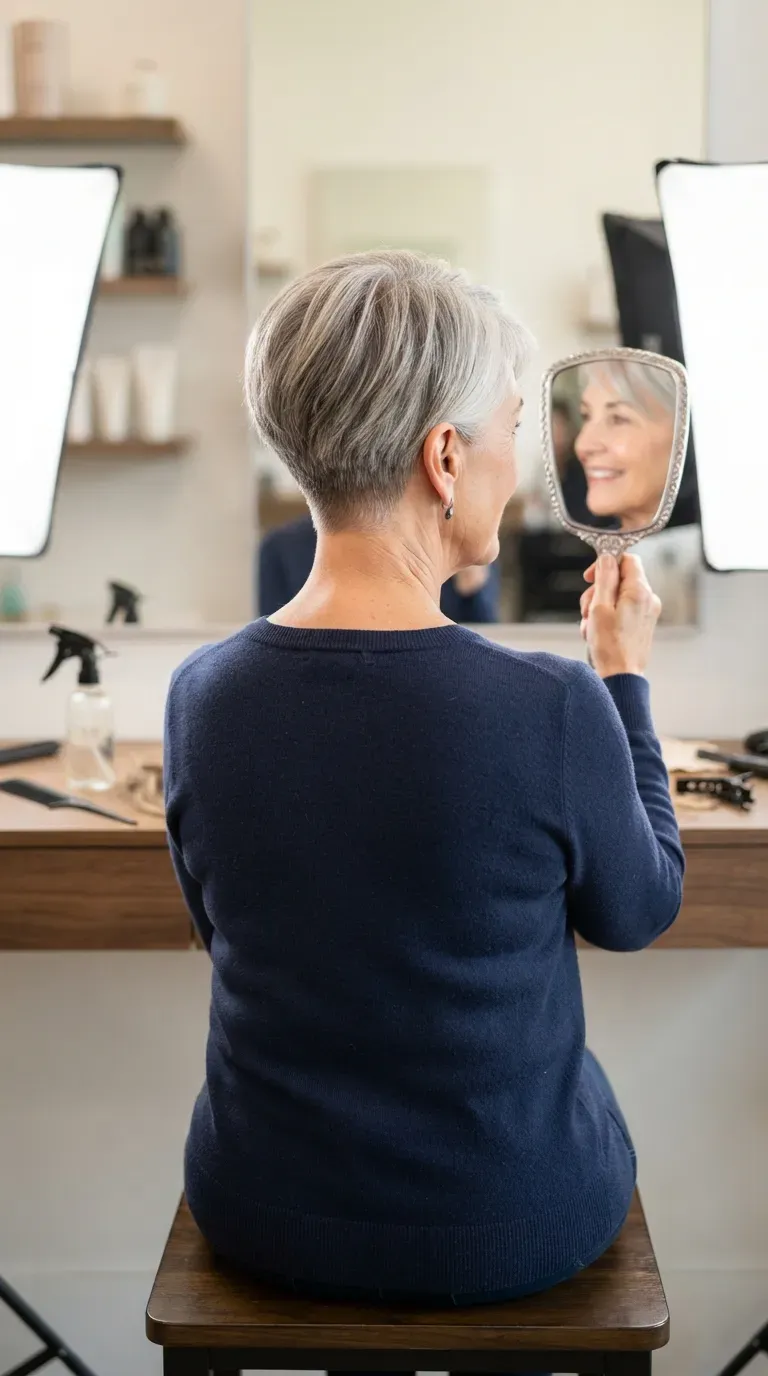 Tapered pixie bob haircut on an older woman with a clean nape line