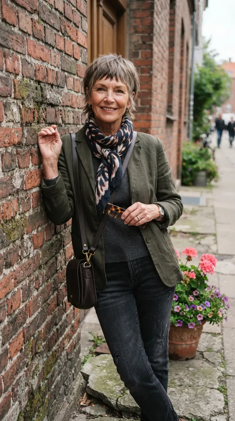 Textured crop pixie bob haircut on an older woman with choppy layers