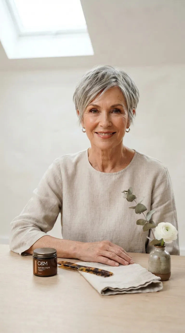 Textured pixie bob haircut on an older woman with piecey definition