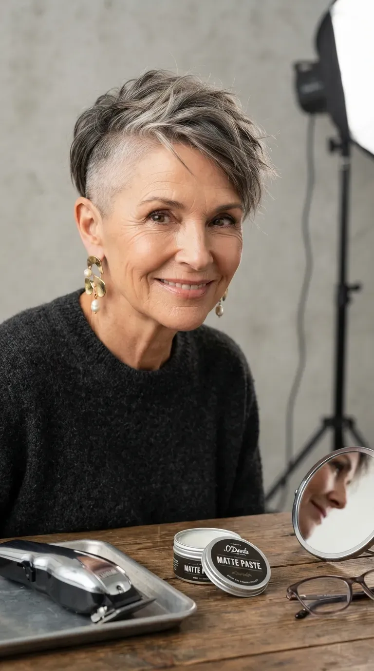 Undercut pixie bob haircut on an older woman with closely shaved sides