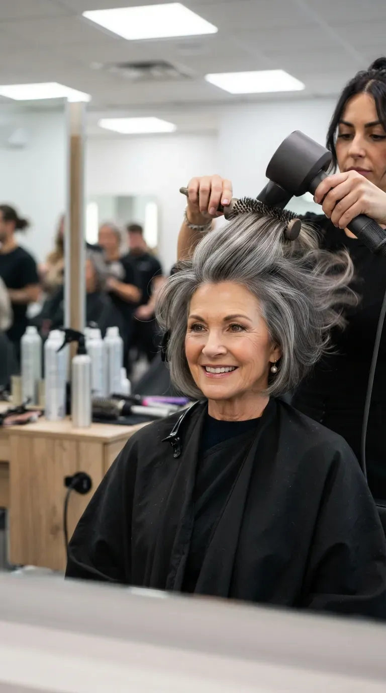 Voluminous pixie bob haircut on an older woman with lifted roots