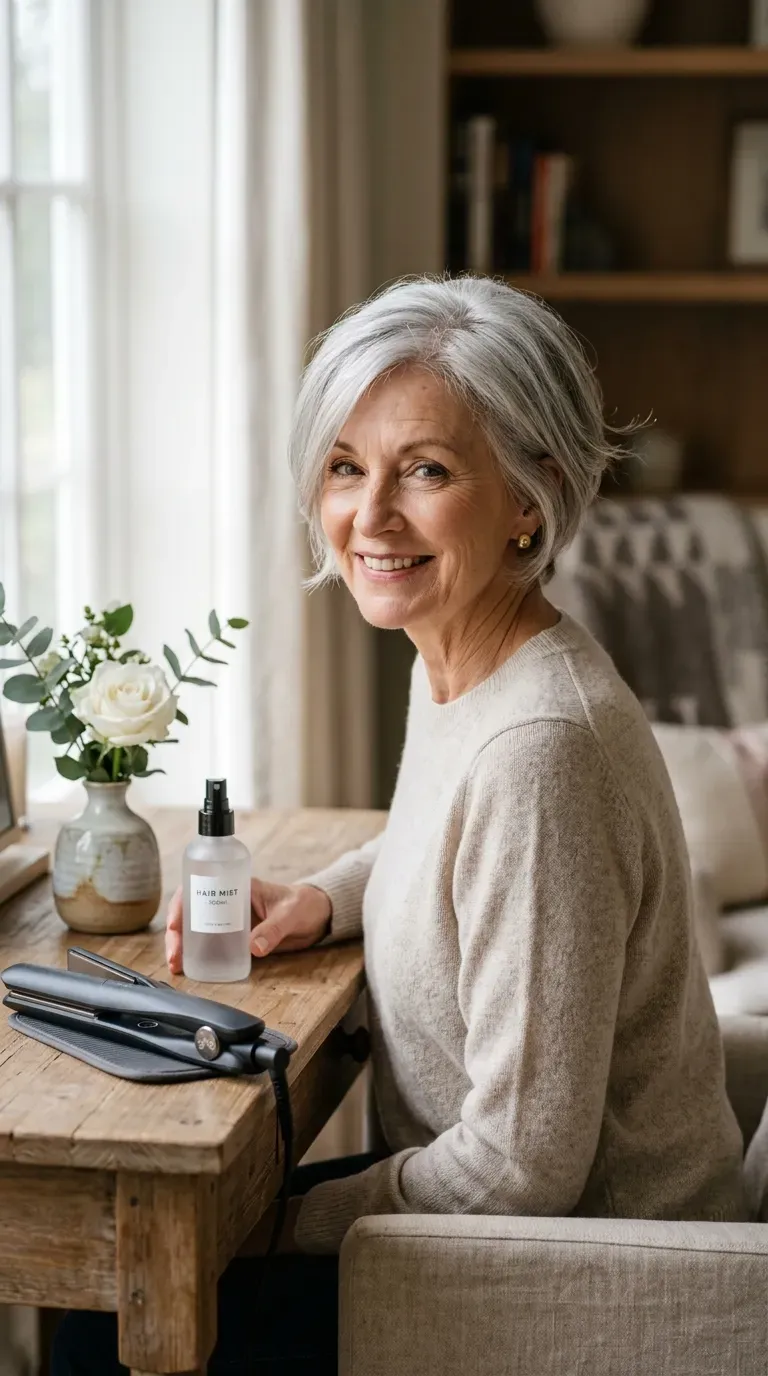 Woman over 60 with a pixie-bob hybrid haircut blending both short styles