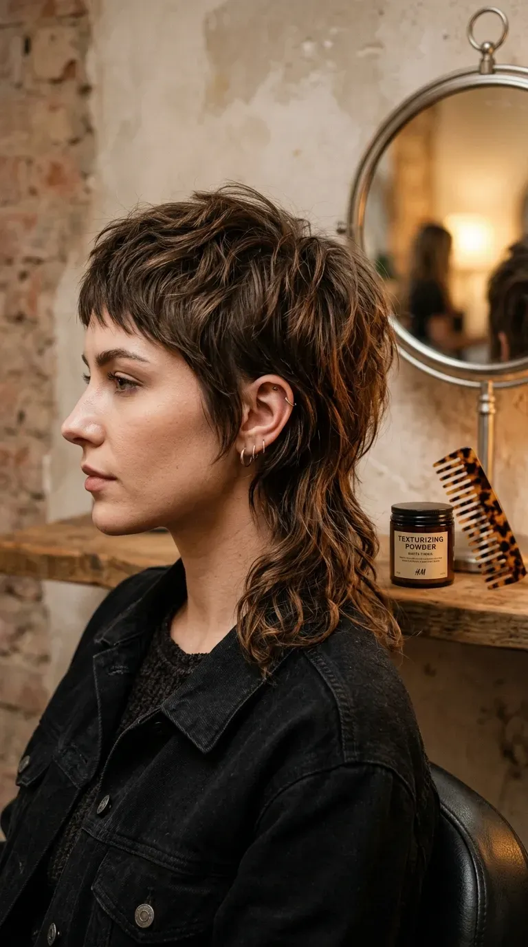 Woman with a modern pixie mullet shag, short on top and longer at the nape