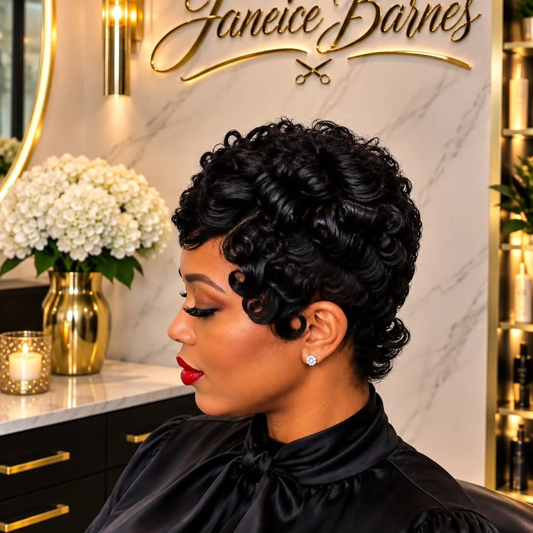 Woman with an edgy pixie featuring a sharply sculpted, defined side part