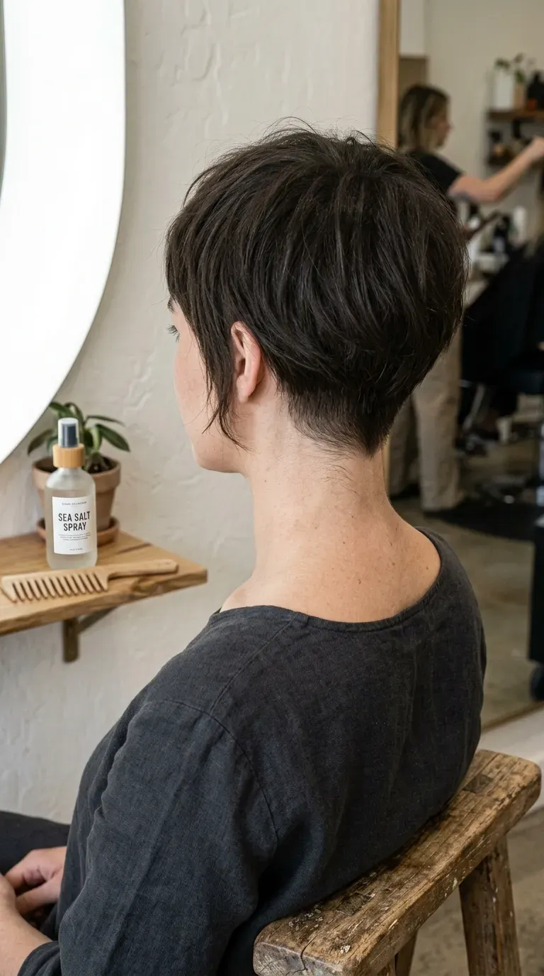 Back view of a pixie shag haircut with noticeably longer pieces left at the nape