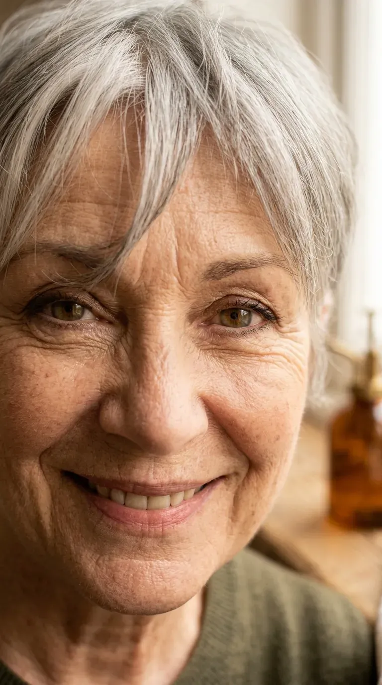 Close-up of a pixie with a soft, textured fringe falling across the forehead