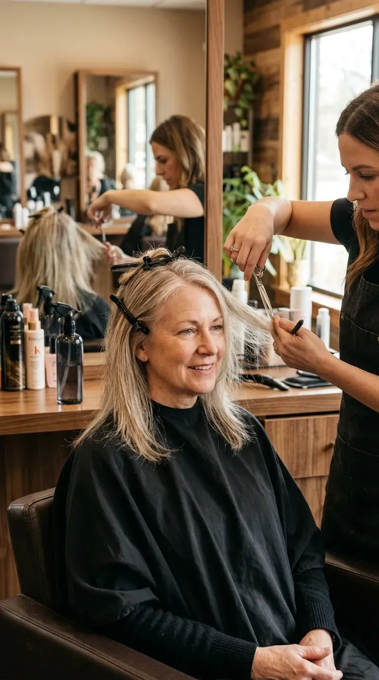 Woman over 50 with fine hair styled with delicate point-cut layers for feather-light ends