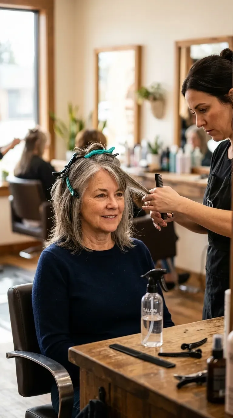 Woman over 50 with delicate point-cut front layers styled with soft edges