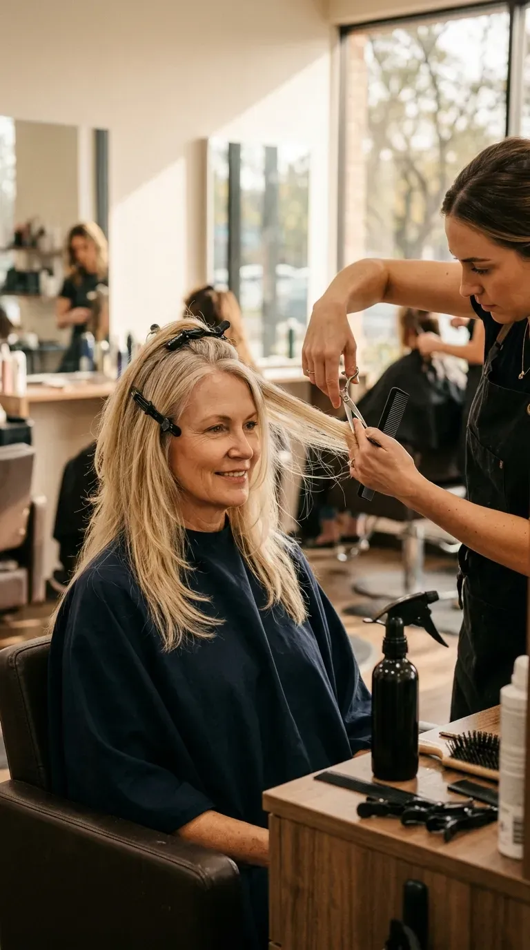 Woman over 50 with delicate point-cut long layers styled with soft texture