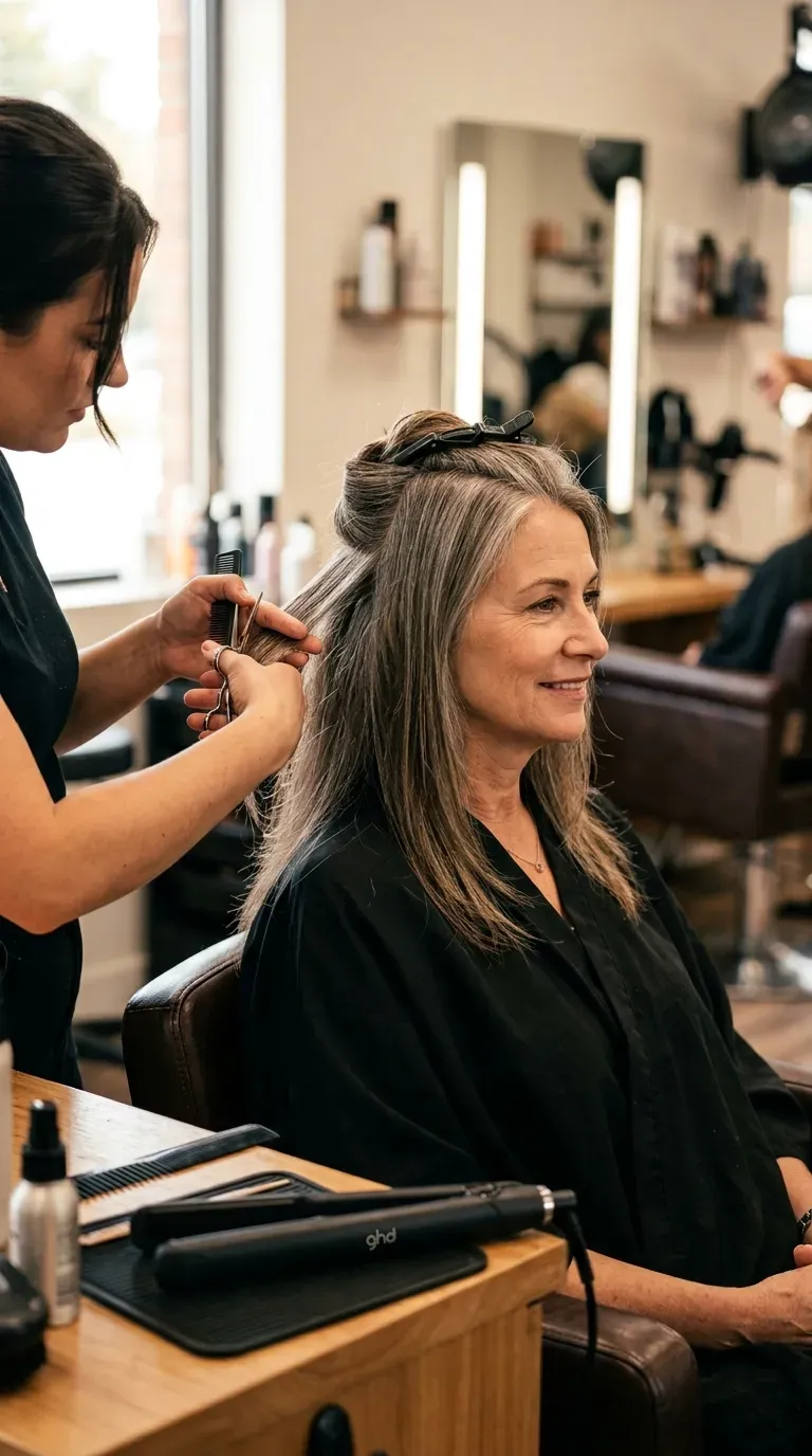 Woman over 50 with delicate point-cut long layers styled with soft straight ends