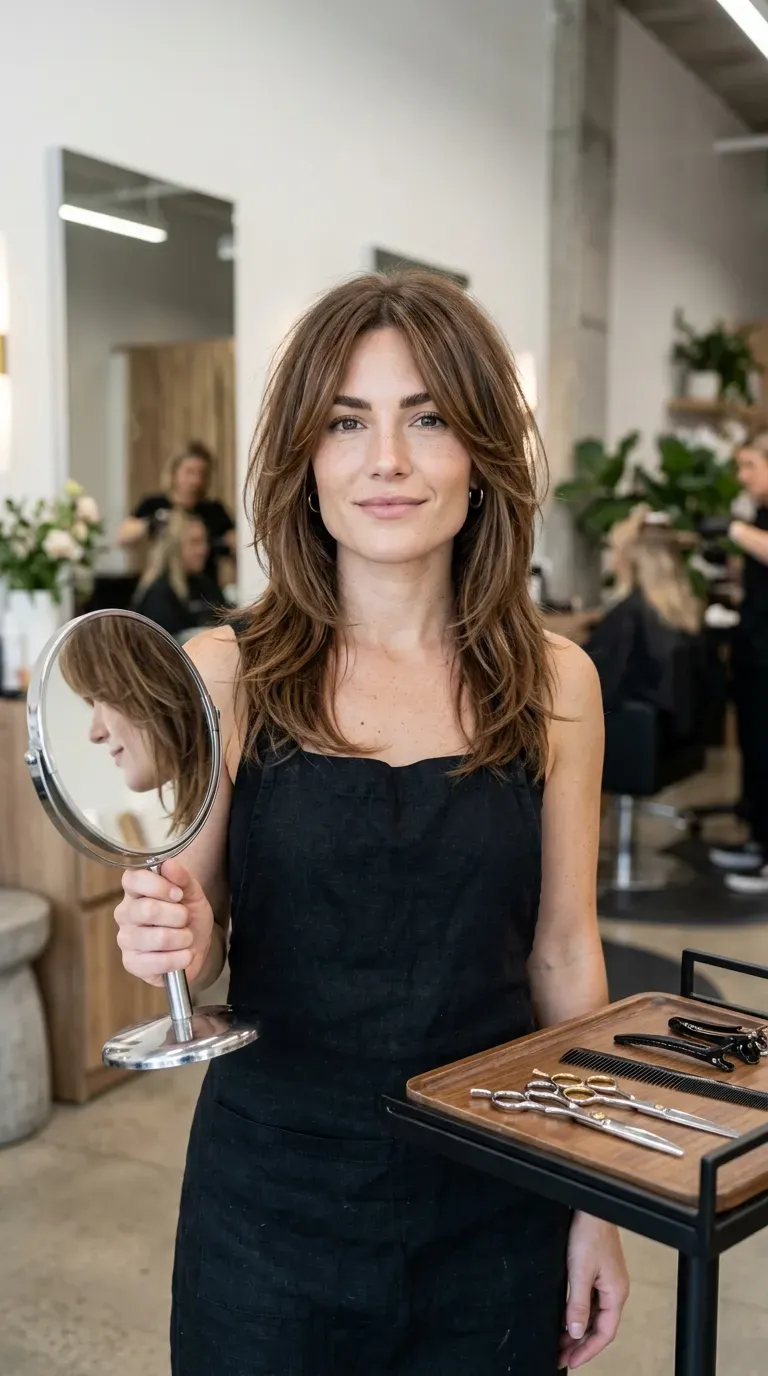 Woman over 50 applying purple-toning product to brighten gray layered hair