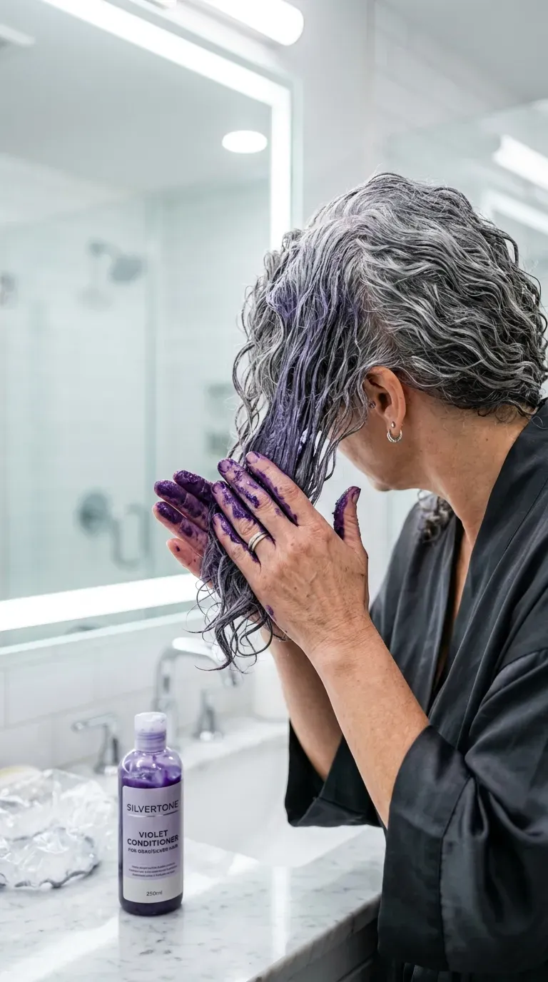 Woman over 60 applying purple-toning product to brighten silver medium length hair