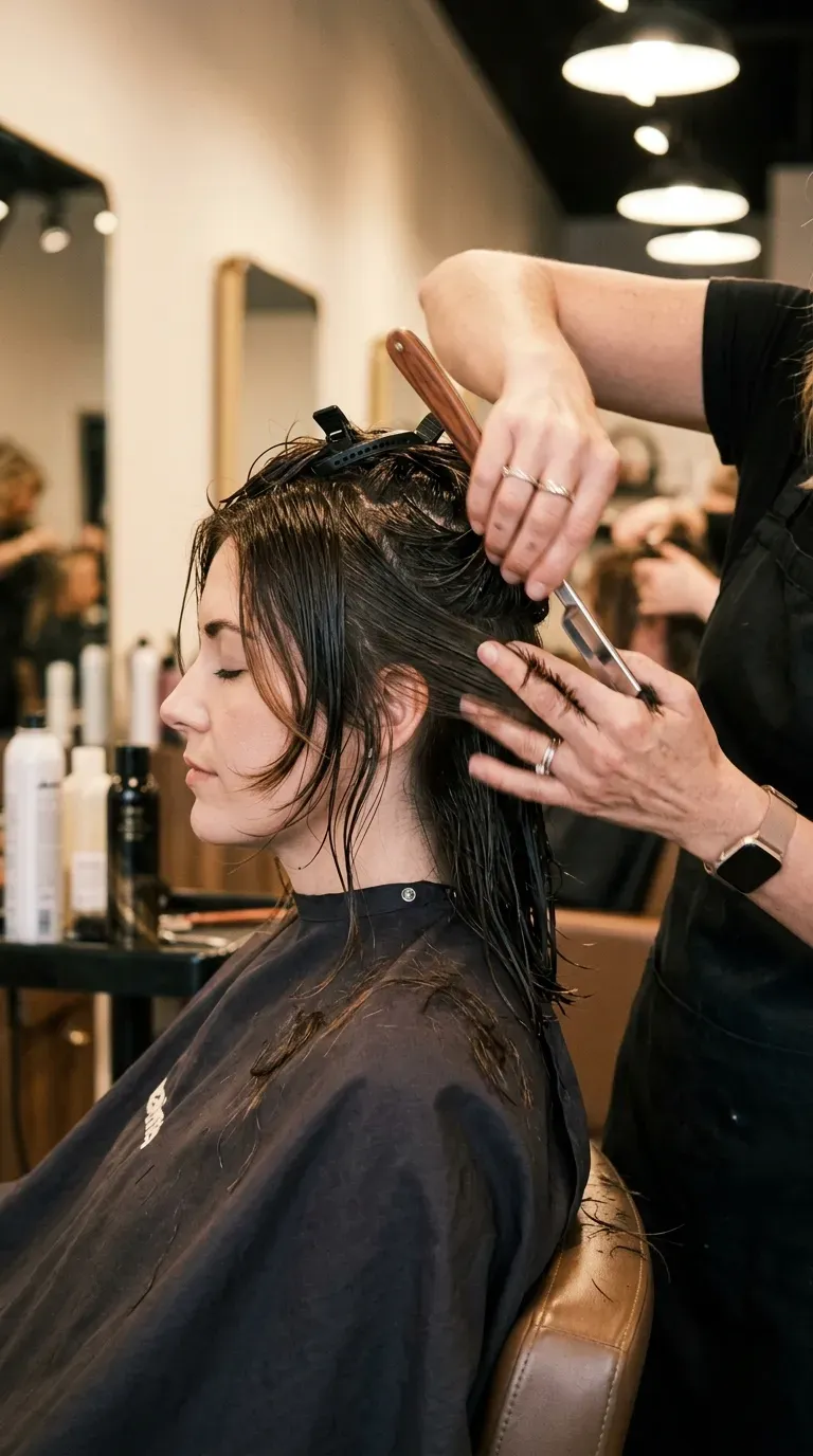 Woman getting razor-cut feathered face-framing layers in a salon chair