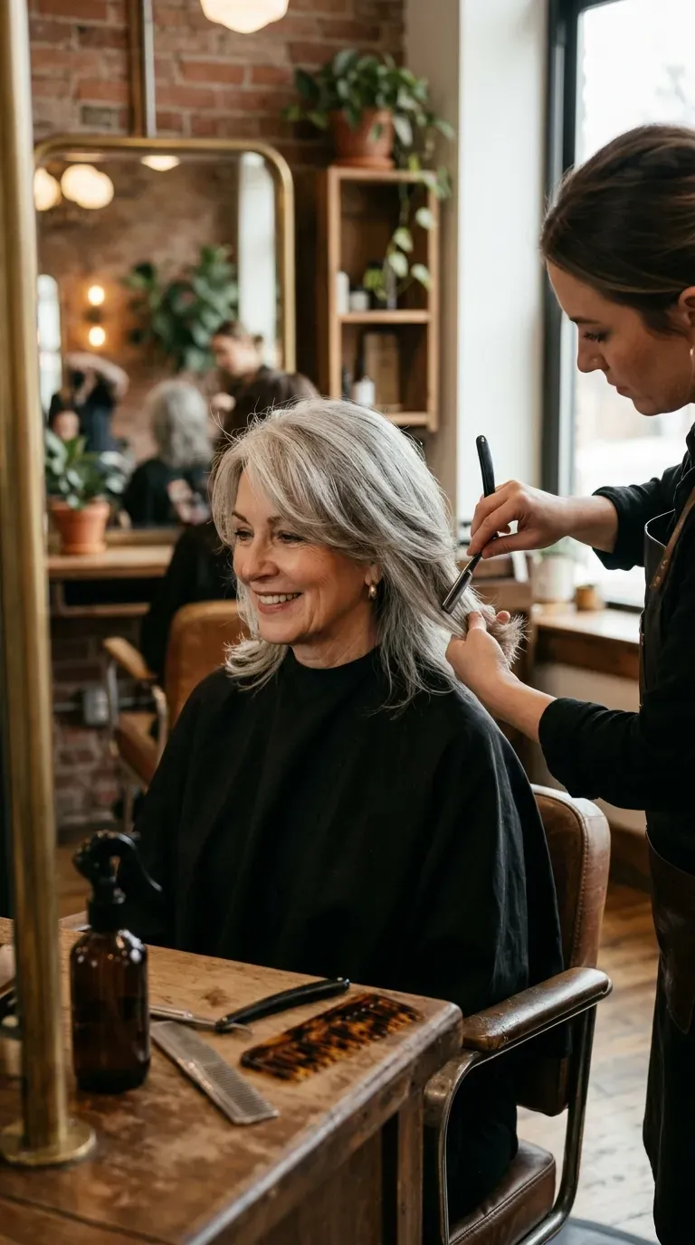 Woman over 50 with razor-cut feathered front layers for a soft finish