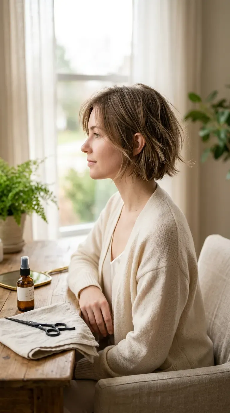 Woman with a razor-cut layered bob showing soft wispy ends