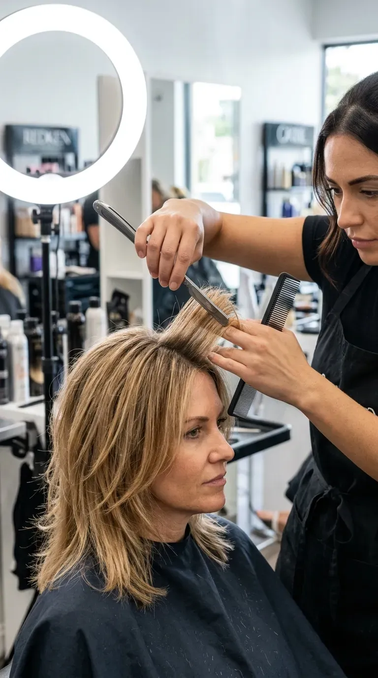 Woman over 50 with razor-cut layers styled for a piecey modern finish