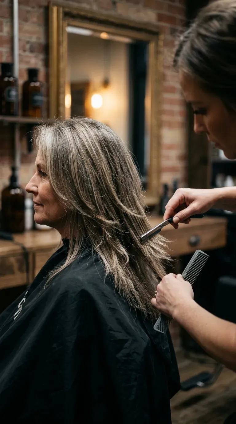 Woman over 50 with razor-cut long layered hair featuring soft feathered ends
