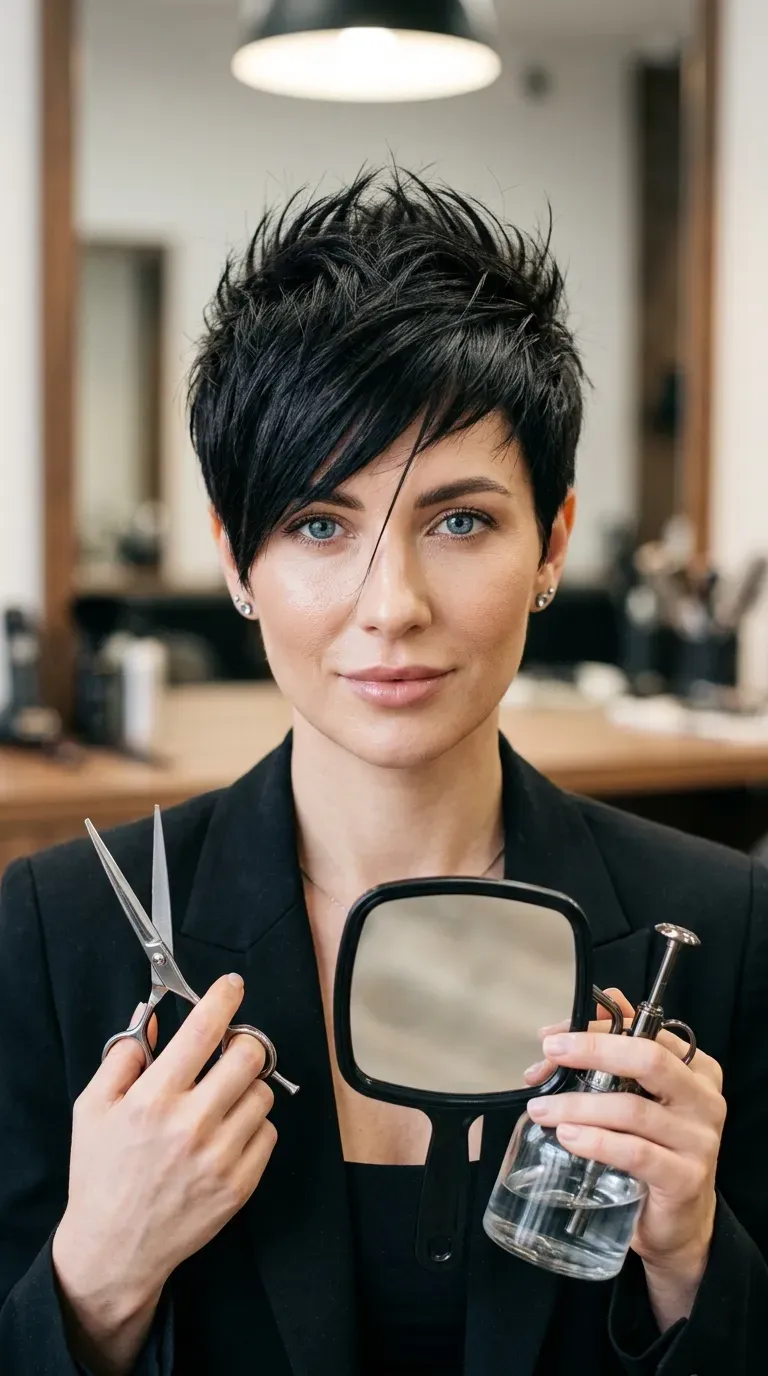 Razor-cut spiky pixie haircut with long side fringe on older woman