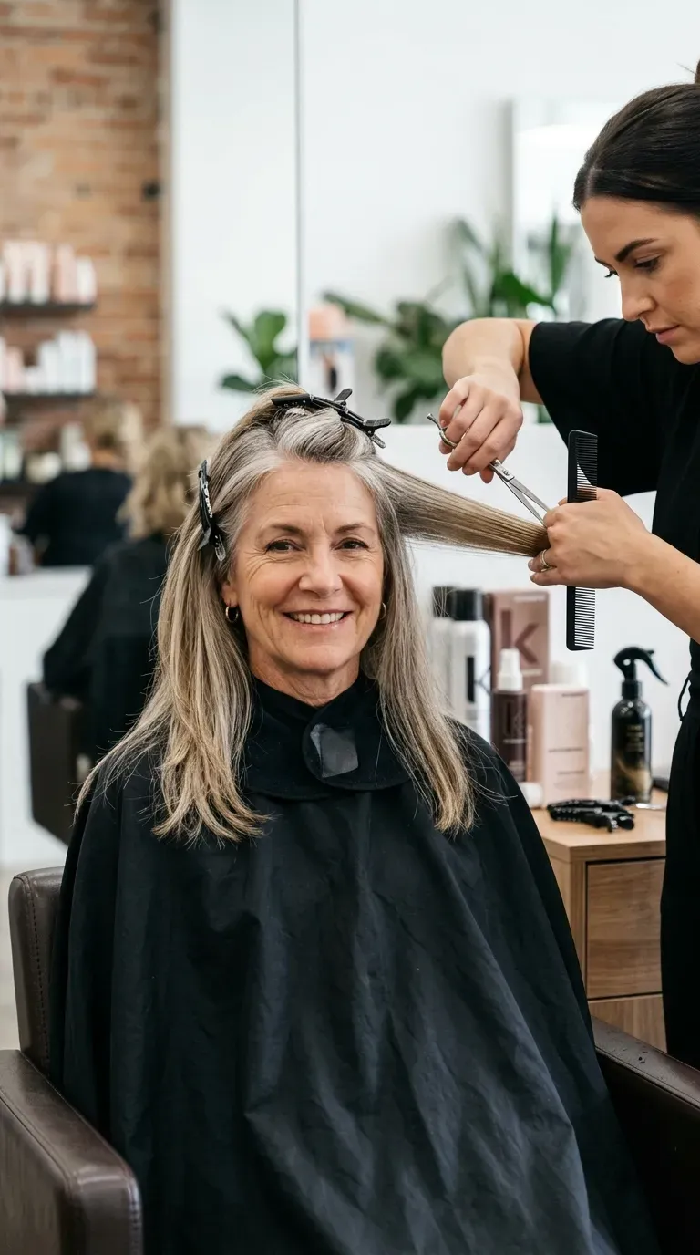 Woman over 50 getting long layers cut with scissors instead of a razor for a cleaner straight line