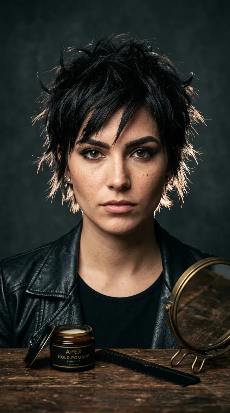 Woman with a bold, spiky shaggy pixie inspired by rock-star hairstyles