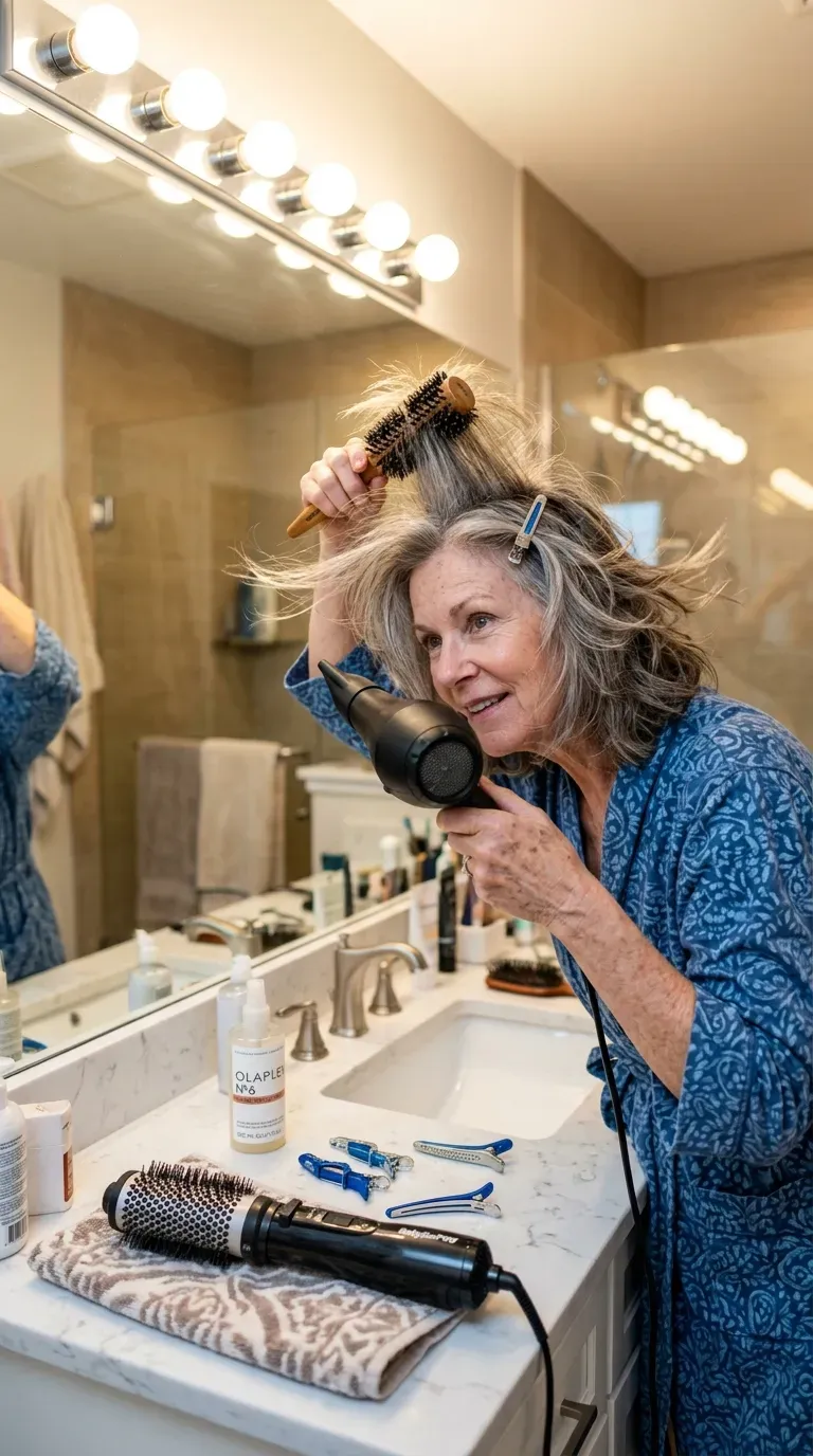 Woman over 60 blow drying layered hair with a round brush to lift a flat crown