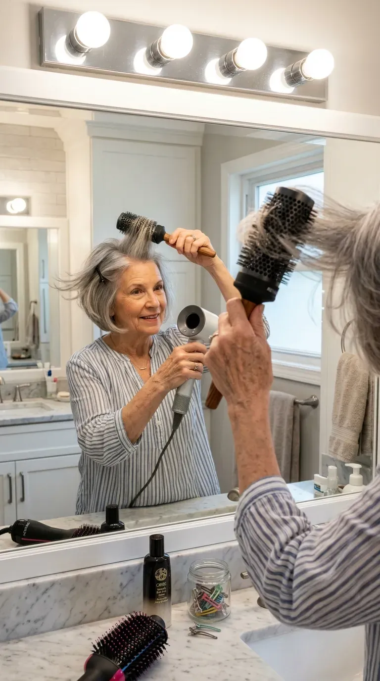 Woman over 70 blow drying layered hair with a round brush to lift a flat crown