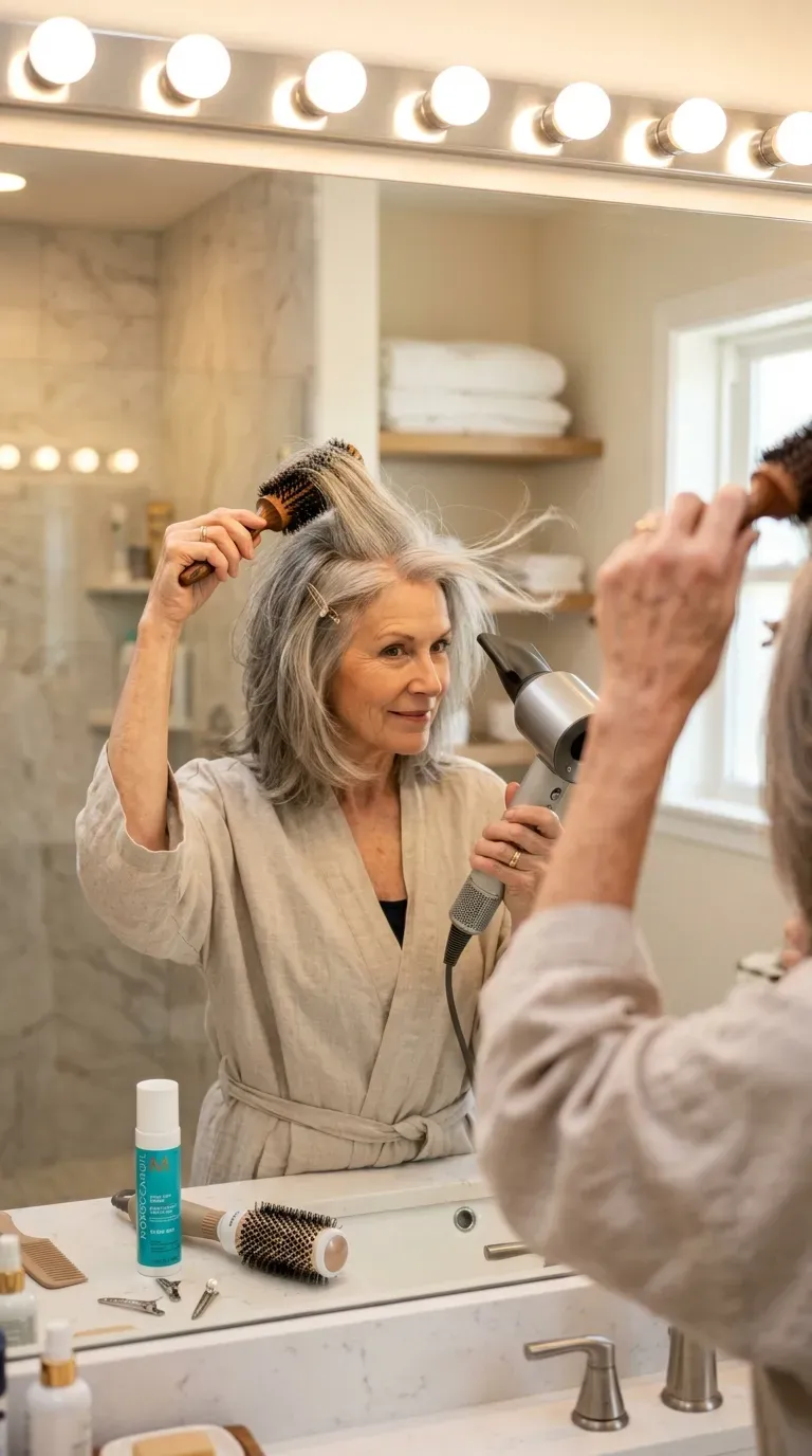 Woman over 70 blow drying medium layered hair with a round brush to lift a flat crown