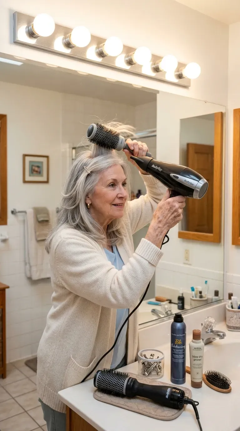 Woman over 70 blow drying long layered hair with a round brush to lift a flat crown