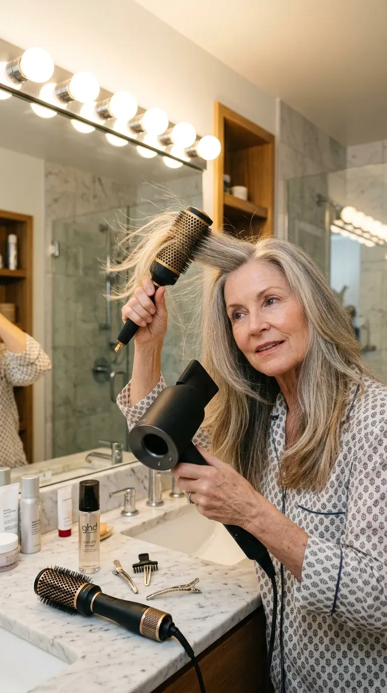 Woman over 60 blow drying long layered hair with a round brush to lift a flat crown