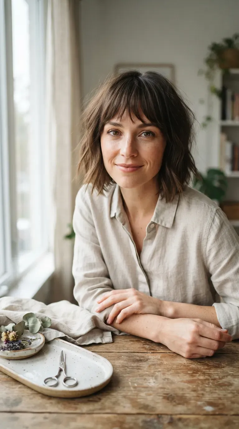 Woman with a choppy bob styled in a voluminous blowout with lifted roots