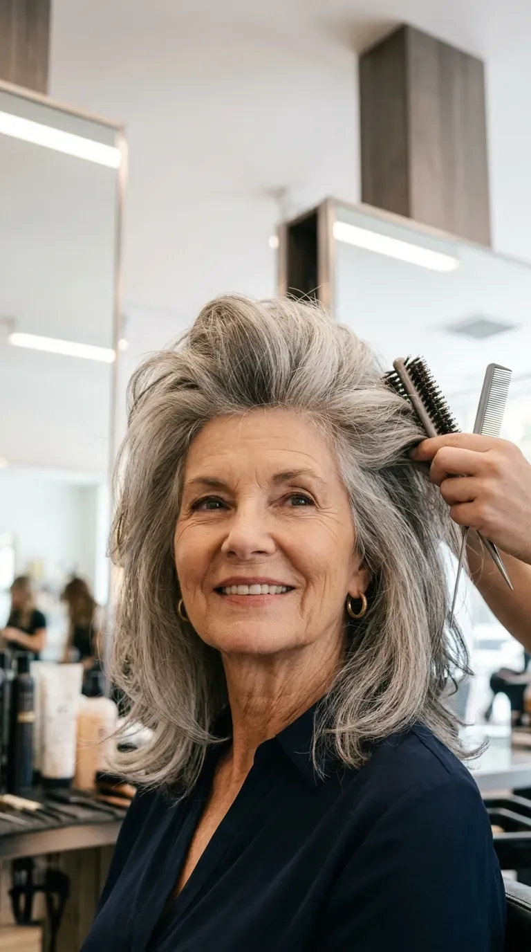 Older woman with layered hair showing lifted volume at the roots and crown
